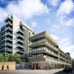 A mock-up of Central Square EC1 shows a larger building tower next to a smaller one surrounded by streets, hedge greenery, and people walking by.