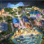 The MOTIONGATE Dubai theme park is lit up all in lights with the DreamWorks Animation section at the very top of the layout, which has a path that leads to a large swimming area at the bottom of the layout.